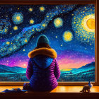 Person in Purple Jacket Contemplates Starry Night Sky Through Window