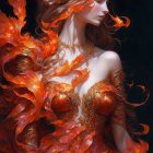 Golden dragon-head armor on ethereal female figure in fiery-orange flames