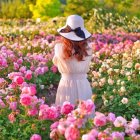 Woman in pastel dress and wide-brimmed hat in pink flower field.