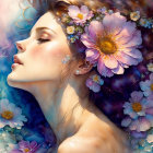 Serene woman with flower-adorned hair in soft light and water droplets