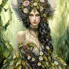 Fantasy portrait of woman with dark hair, floral headdress, black lace dress, bird in flight