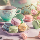 Pastel-Colored Macarons on Floral China Plates with Roses for High Tea