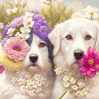 Colorful Flowers Surround Serene Dogs in Tranquil Scene