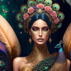 Vibrant peacock-inspired makeup and headdress with gold jewelry and feathers.