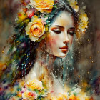 Vibrant floral portrait of a woman with closed eyes surrounded by colorful paint splashes