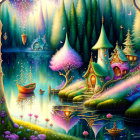 Fantasy landscape at twilight with illuminated trees, magical houses, river, and starry sky.