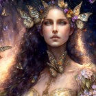 Fantasy portrait of a woman with butterflies and floral adornment on dark floral backdrop