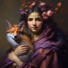 Woman with long hair embraces two foxes against muted background