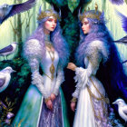 Ethereal women in fantasy gowns with purple hair in mystical forest.