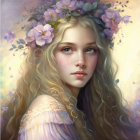 Fantasy illustration of female figure with blue hair and floral crown in ethereal setting