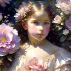 Young Girl Painting with Blue Eyes and Floral Adornments in Pastel Pink and Cream Roses