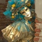 Detailed painting of woman in Venetian mask and costume, blue and gold colors, whimsical ambiance