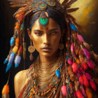 Mystical woman in vibrant feathered headdress on dark background