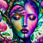 Colorful dual-faced entity with tree branches and blossoms, butterflies, and pink foliage.