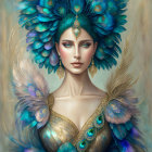 Digital artwork: Woman in peacock feather headdress and attire in vibrant blues and golds