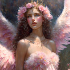 Fantastical image: Woman with angel wings and flower crown in soft glow