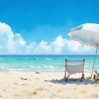 Beach chairs, white umbrella, sunny beach, blue sky, fluffy clouds, calm sea