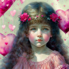 Young girl with blue eyes and floral headband surrounded by pink heart-shaped balloons and smaller hearts