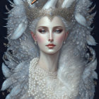 Ethereal woman in luxurious swan headpiece and feathered attire.