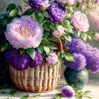 Colorful still-life painting with pink and purple peonies in a basket, accompanied by a single