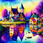 Colorful Whimsical Village Artwork with Sunset Sky & Boat