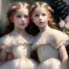 Floral headpieces on two girls in ivory dresses with blooming roses background