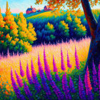 Colorful Lupine Flowers Painting with House, Trees, and Sunset Sky