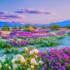 Colorful flowers and serene ocean in vibrant beach scene