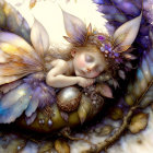 Fantasy illustration of sleeping child with fairy wings in golden ornament among purple flowers