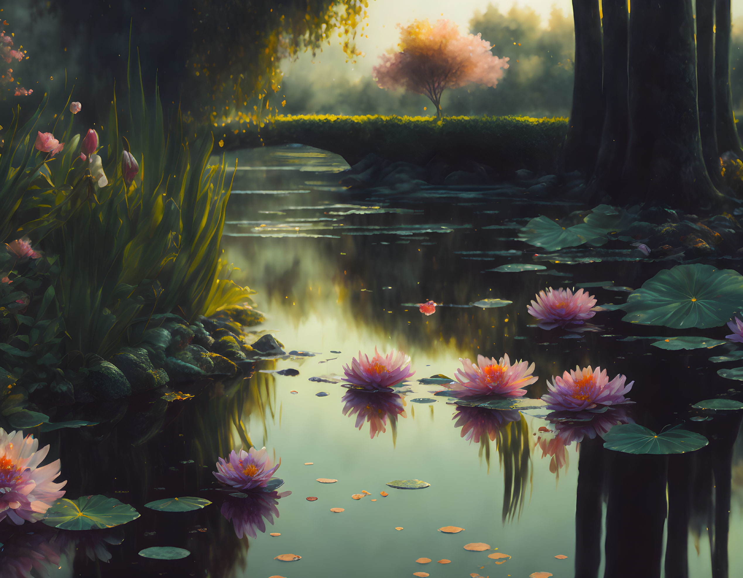 Tranquil pond with blooming water lilies and reflecting trees in misty, sunlit setting