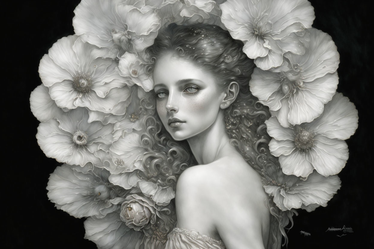 Monochrome painting of woman with detailed flowers