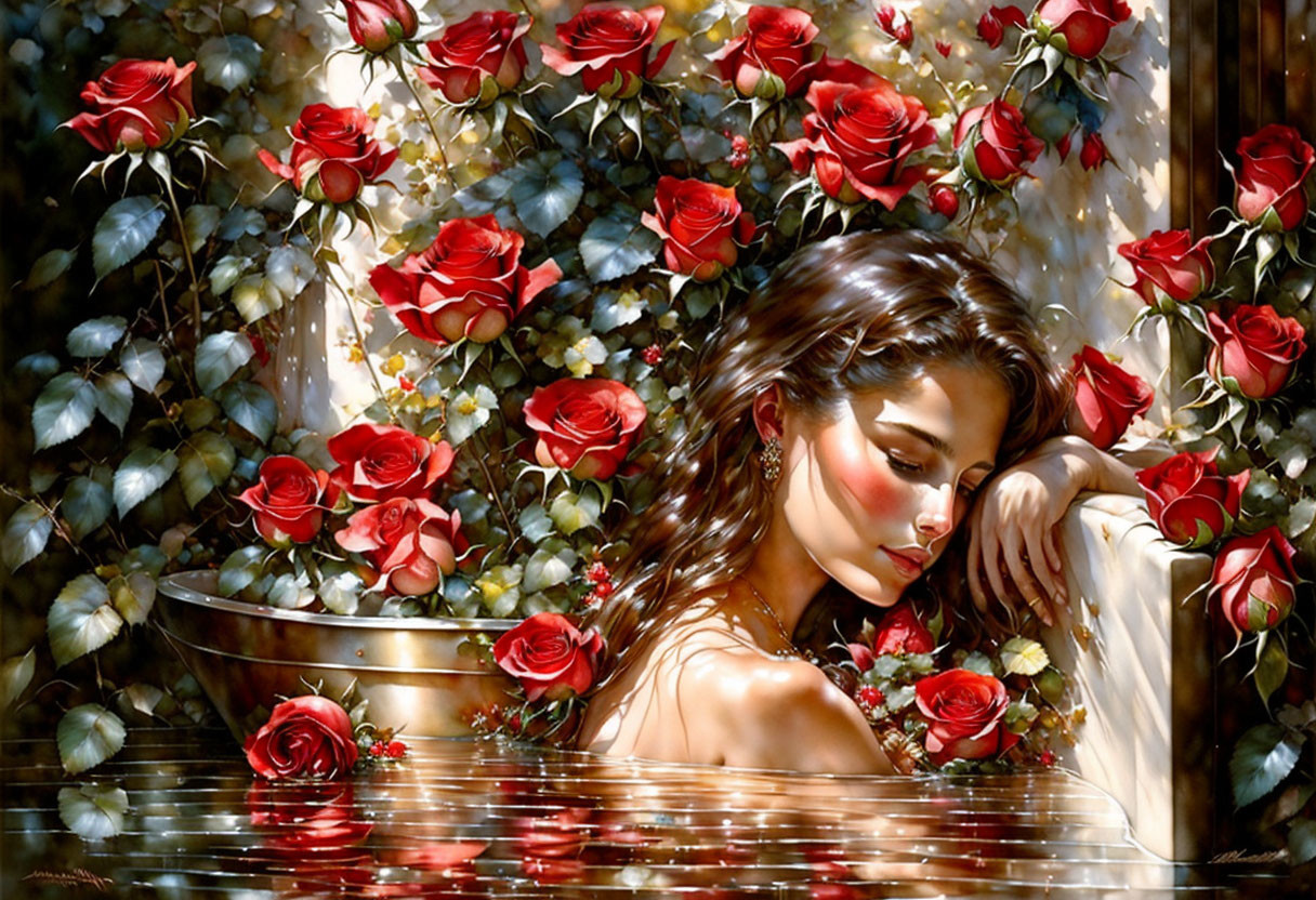 Woman reclining in bath surrounded by vibrant red roses and sunlight filtering through foliage