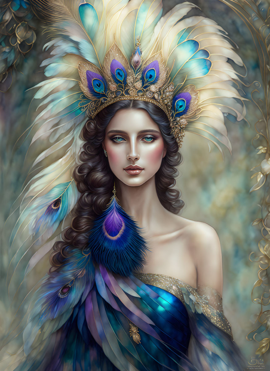 Ethereal woman in peacock feather headdress and regal attire