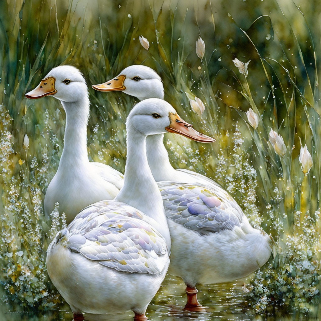 Three White Ducks in Tall Grass and White Flowers with Soft-focus Background