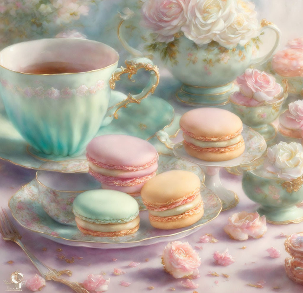 Pastel-Colored Macarons on Floral China Plates with Roses for High Tea