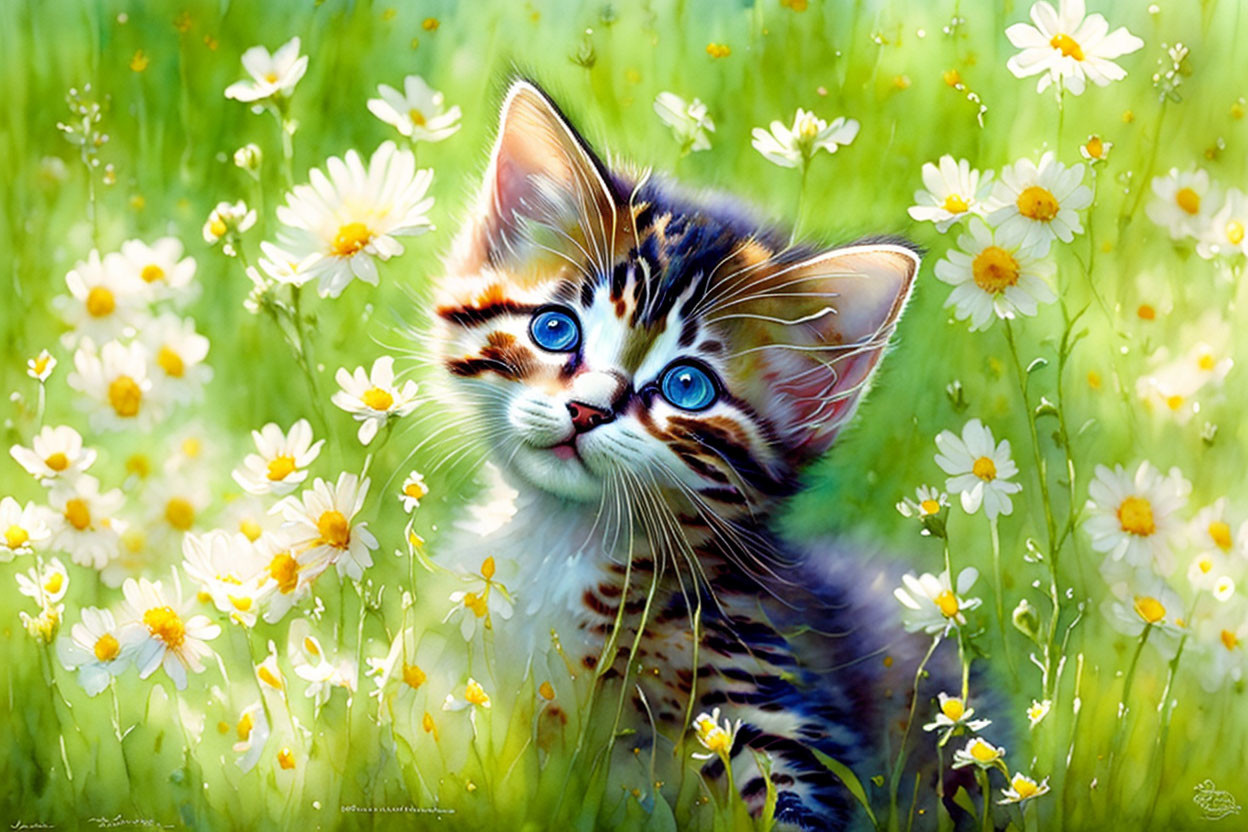 Blue-eyed kitten among white daisies with striped fur