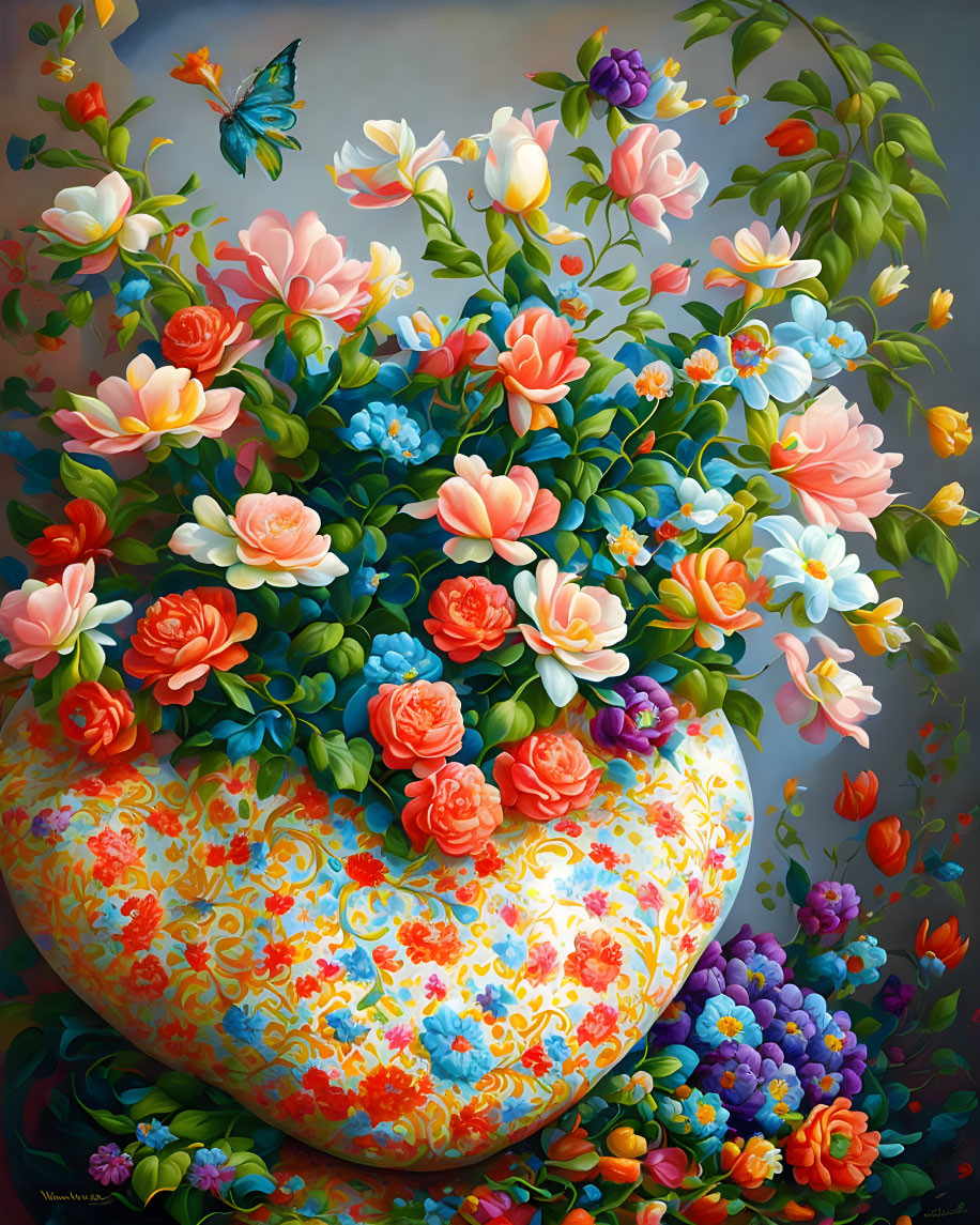 Colorful Flower-Filled Vase with Butterfly Art