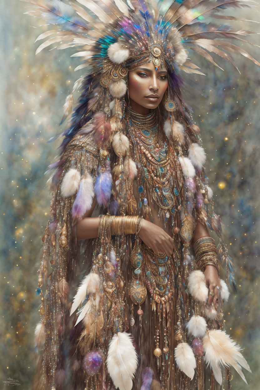 Woman in tribal headdress with celestial background.