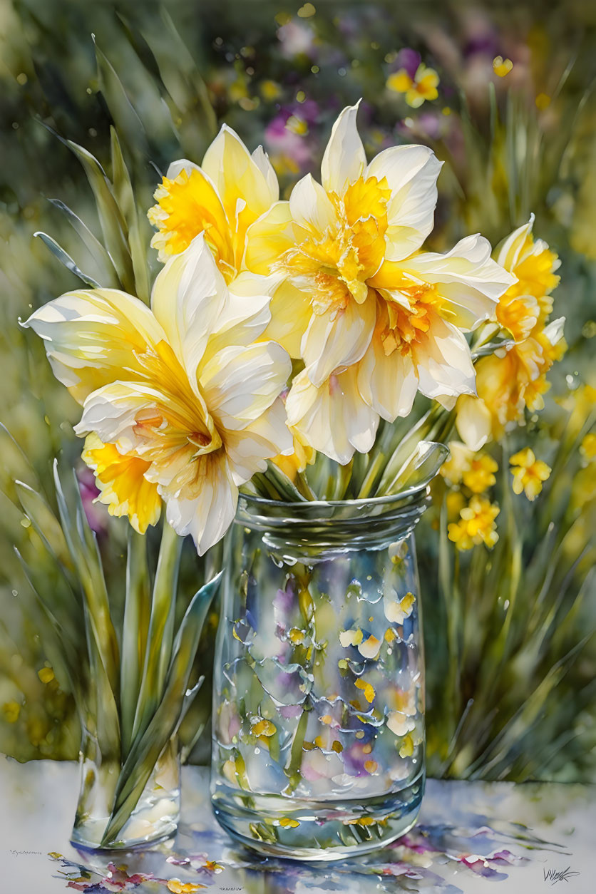 Detailed Yellow Daffodils Painting in Glass Jar on Colorful Garden Background