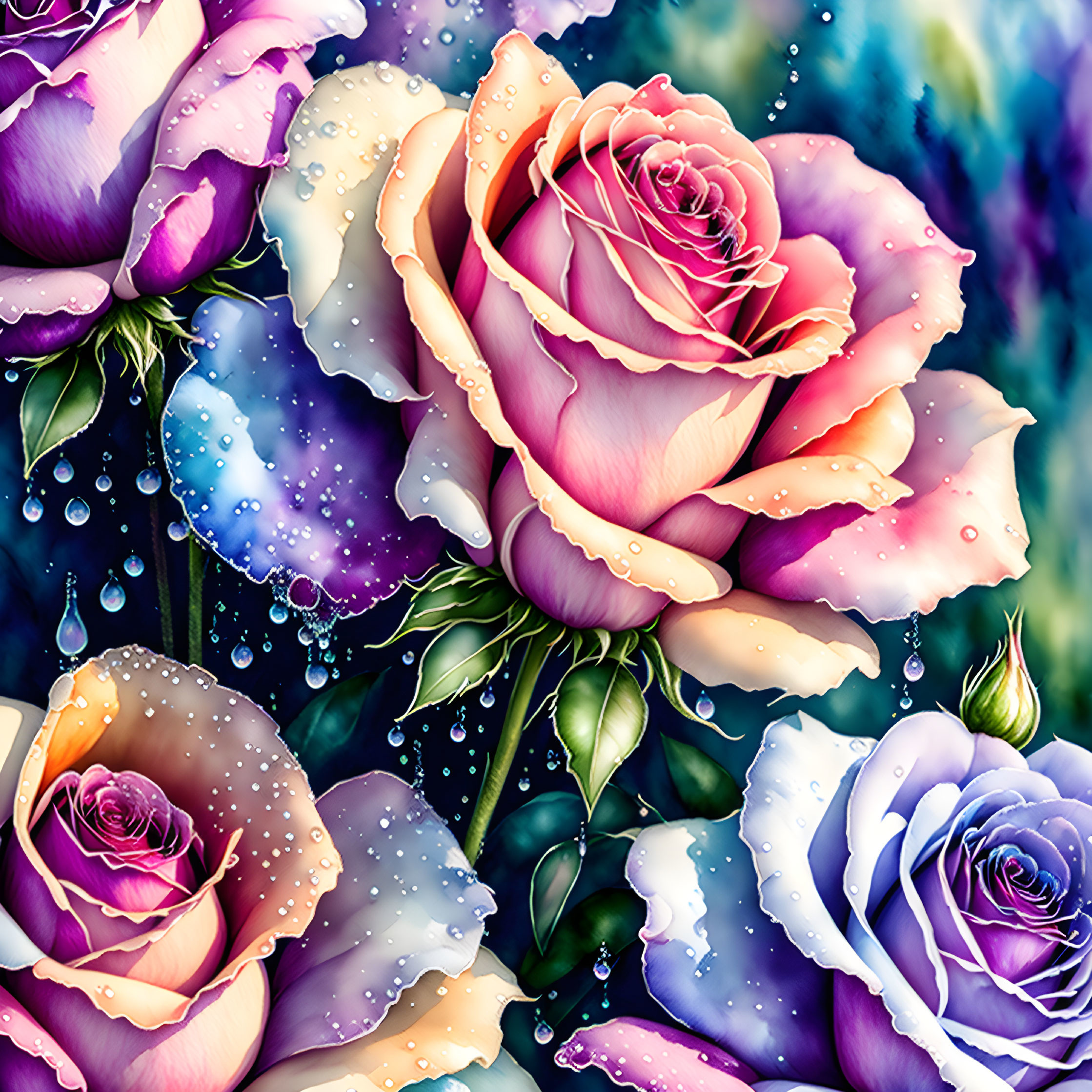 Colorful digital painting of roses with water droplets on petals, pink, purple, and yellow hues