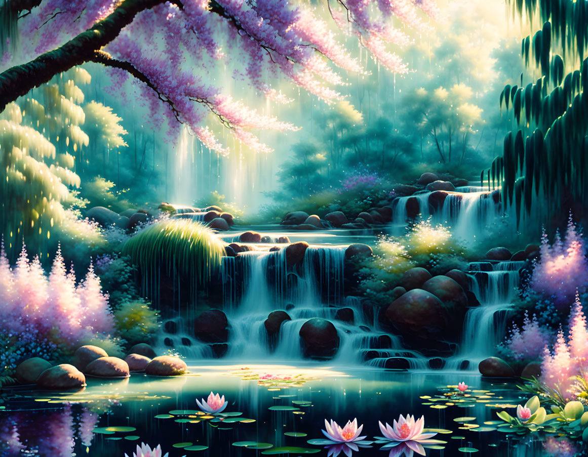 Tranquil waterfall surrounded by lush foliage and cherry blossoms