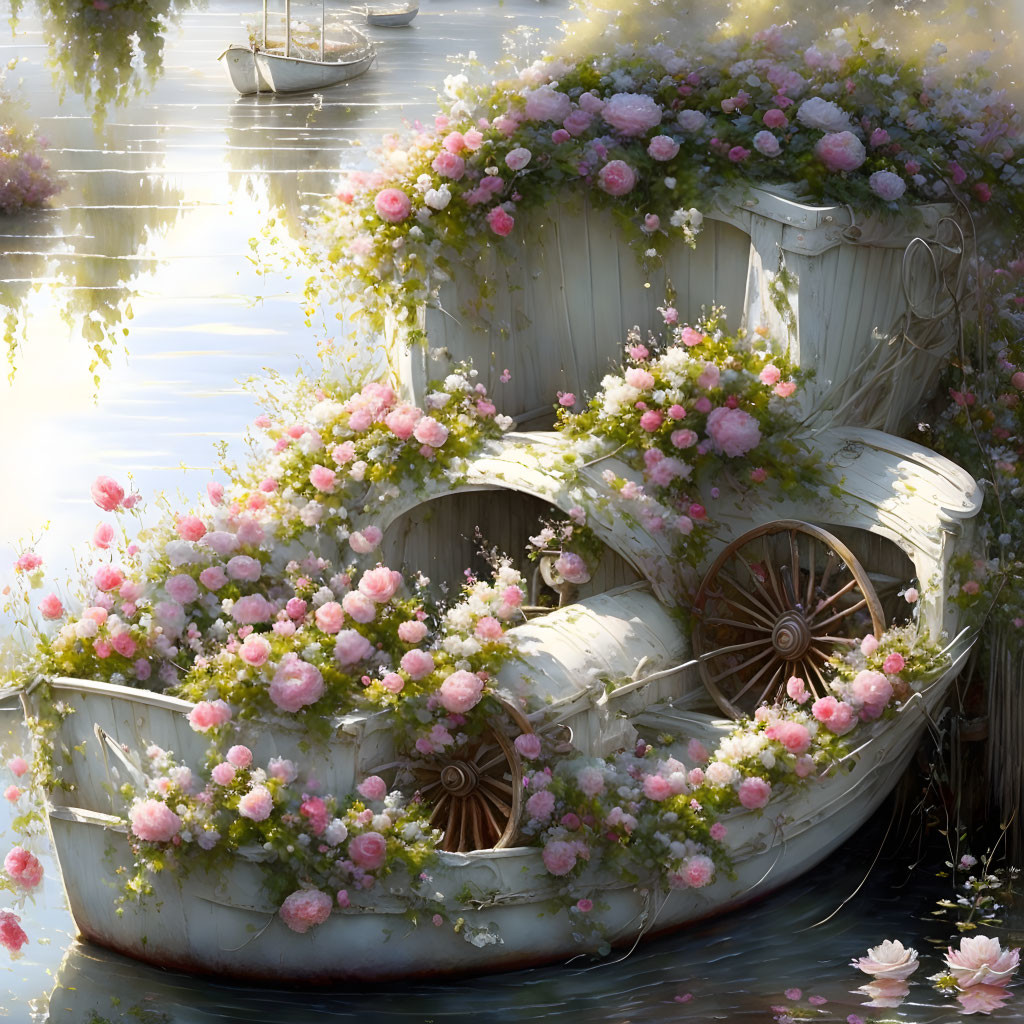 Old Watermill Covered in Pink Roses Beside Calm Waters