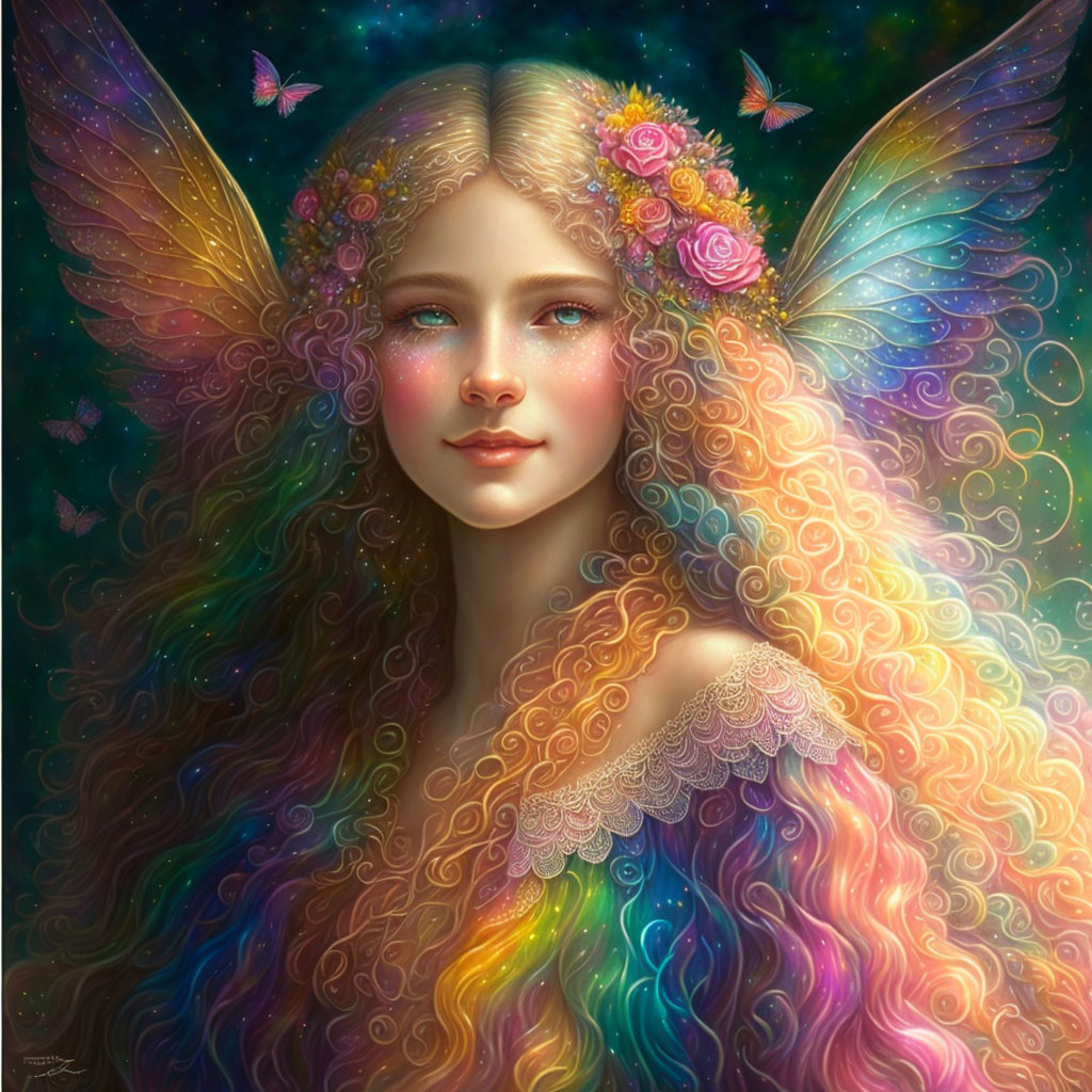 Multicolored hair, butterfly wings, and flowers in fantasy portrait