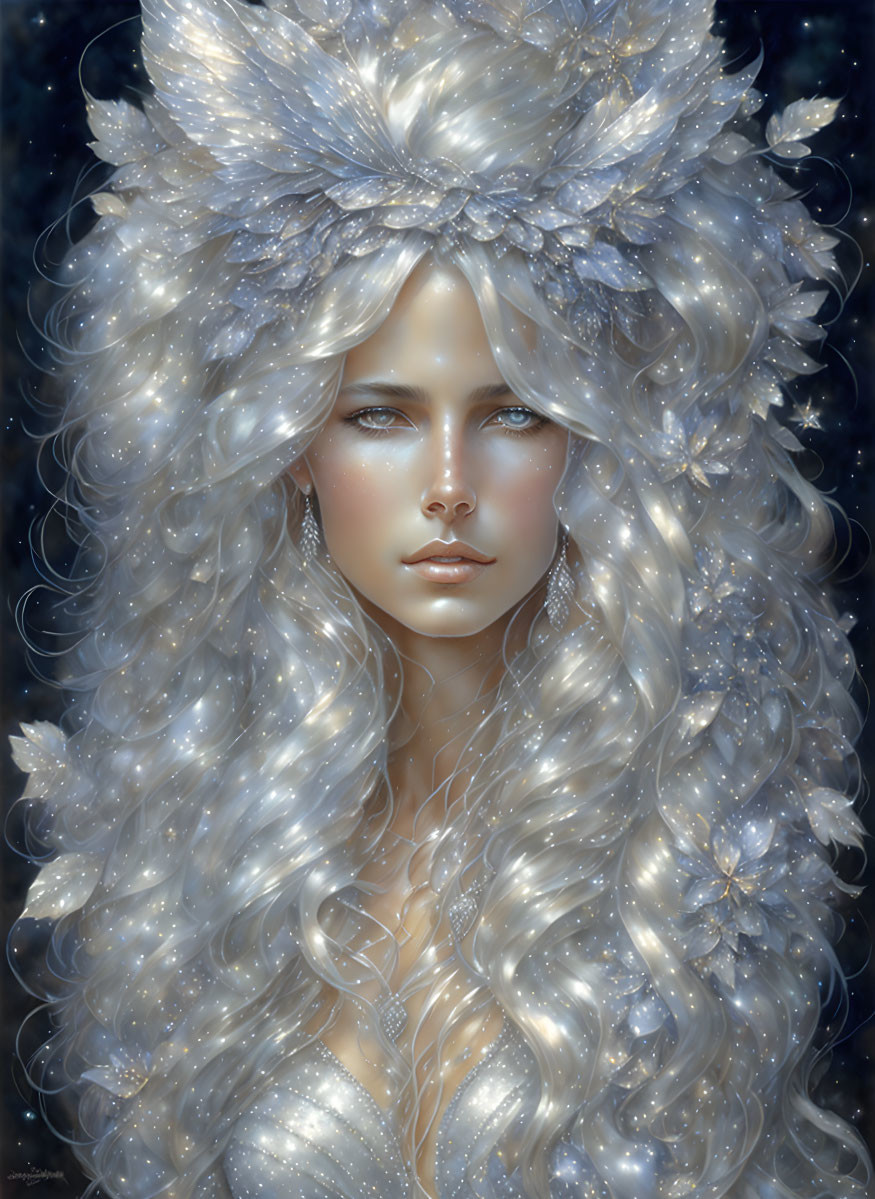 Luminous Blonde Woman with Icy Floral Decorations on Starry Background