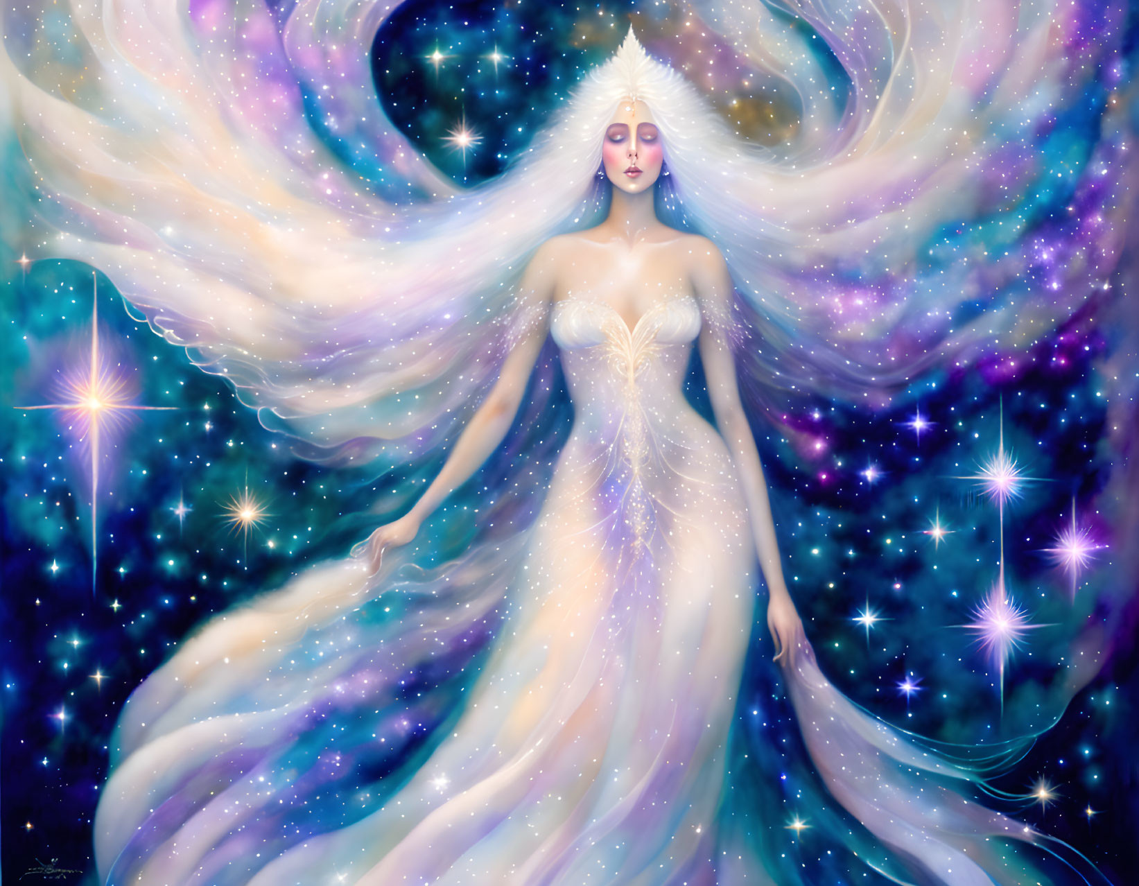 Mystical woman in starry gown with swirling galaxies