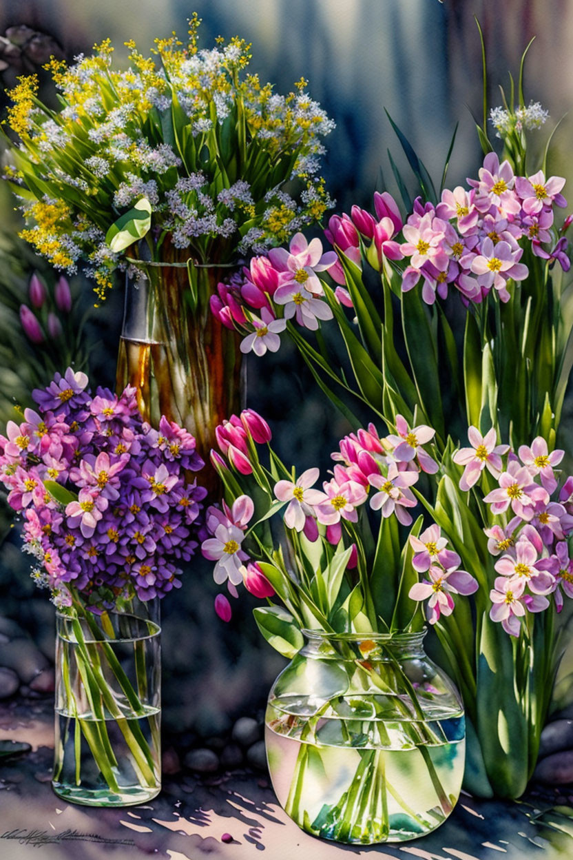 Colorful Flowers in Three Glass Vases on Blurred Background