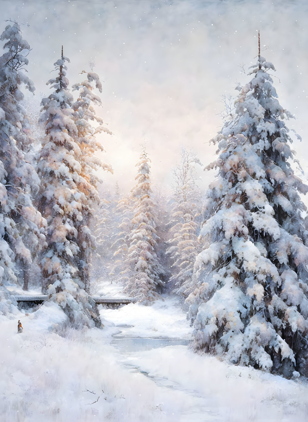 Snow-covered trees, frozen creek, bridge, snowfall, and sunlight in serene winter landscape