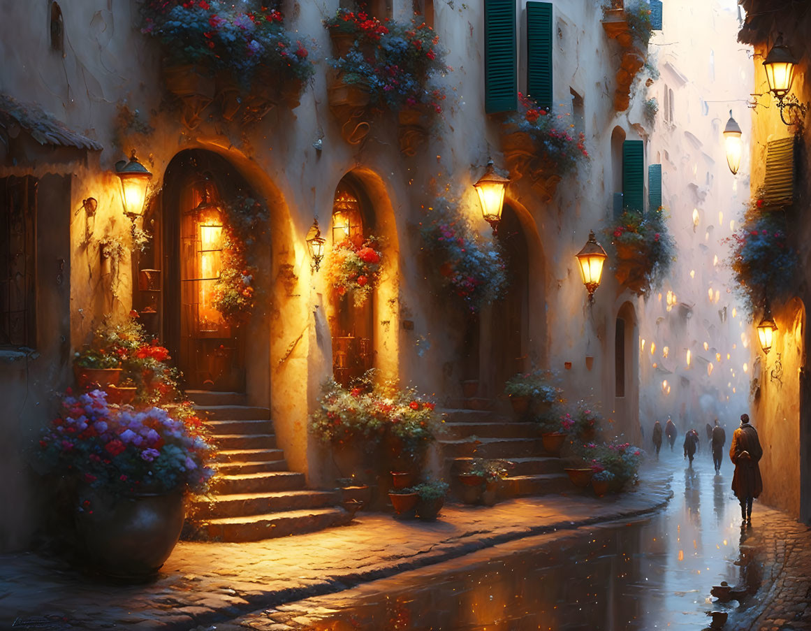 Tranquil cobblestone alley with vibrant flowers and warm lights.