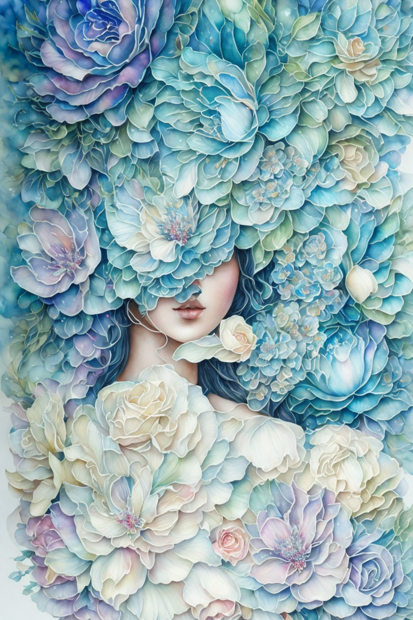 Woman's face obscured by blue and white blossoms in serene floral setting