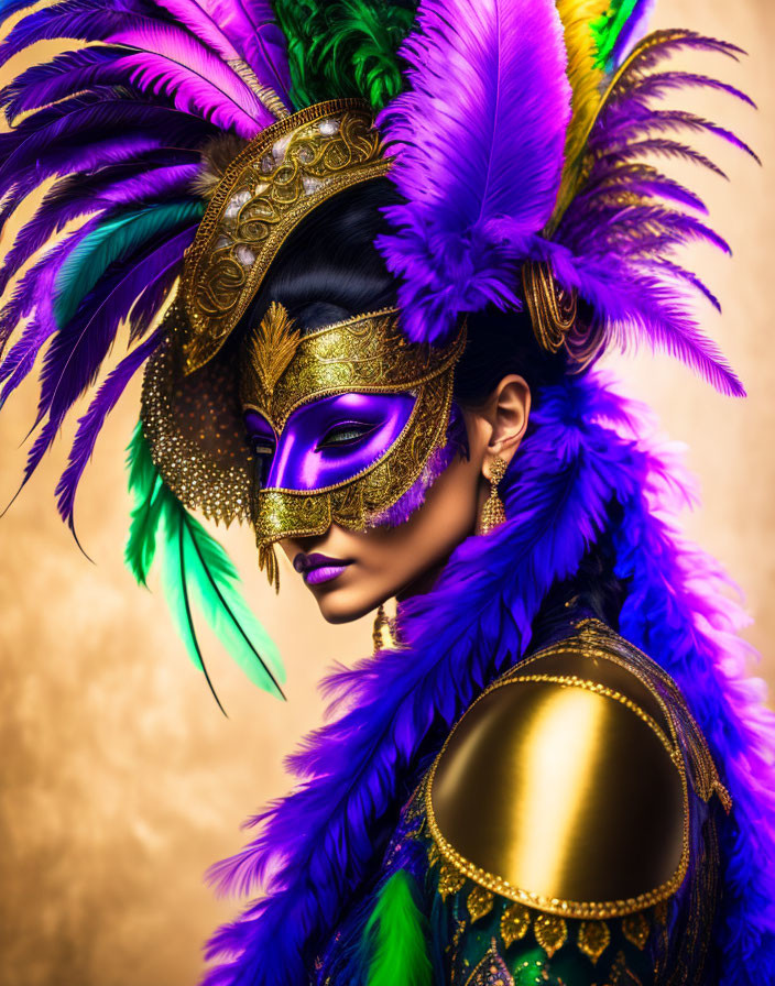 Vibrant purple and gold masquerade mask with lush feathers on golden backdrop